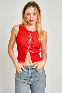 Satin Bow Detail Sleeveless Sweater Top - Happily Ever Atchison Shop Co.