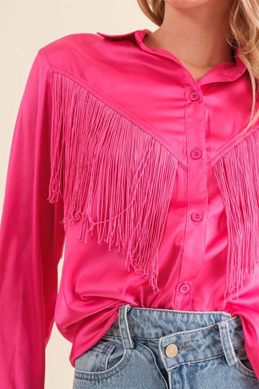 Satin Shirt Blouse with Chevron Fringe - Happily Ever Atchison Shop Co.