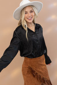 Satin Shirt Blouse with Chevron Fringe - Happily Ever Atchison Shop Co.