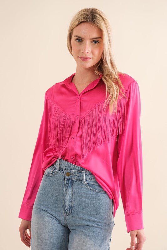 Satin Shirt Blouse with Chevron Fringe - Happily Ever Atchison Shop Co.