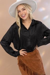 Satin Shirt Blouse with Chevron Fringe - Happily Ever Atchison Shop Co.