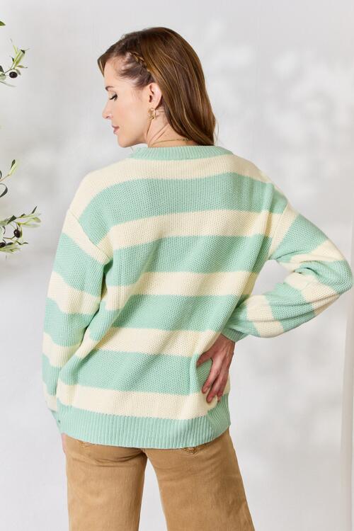 Sew In Love Full Size Contrast Striped Round Neck Sweater - Happily Ever Atchison Shop Co.