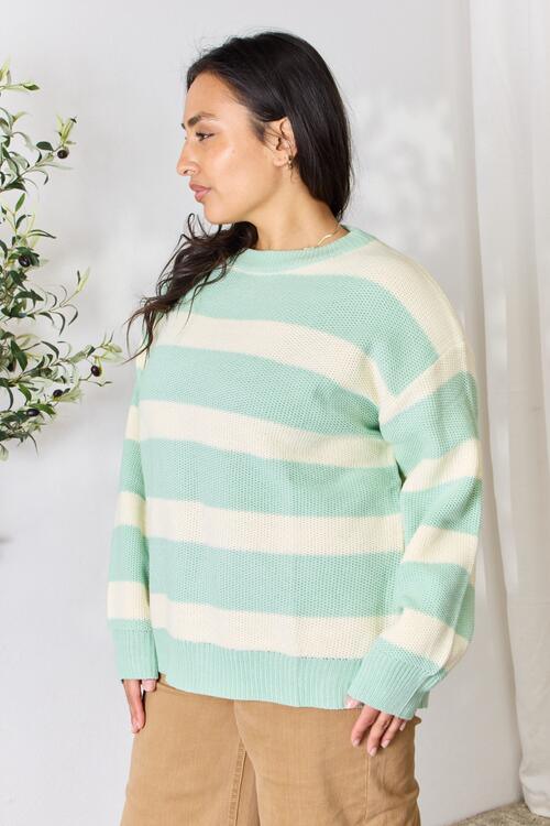 Sew In Love Full Size Contrast Striped Round Neck Sweater - Happily Ever Atchison Shop Co.