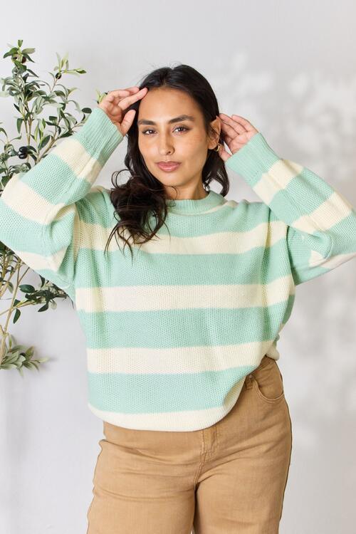 Sew In Love Full Size Contrast Striped Round Neck Sweater - Happily Ever Atchison Shop Co.