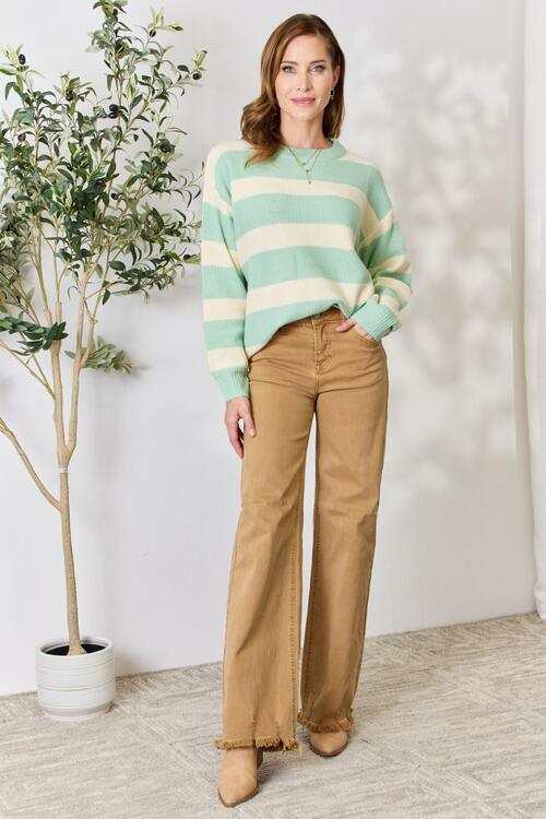 Sew In Love Full Size Contrast Striped Round Neck Sweater - Happily Ever Atchison Shop Co.