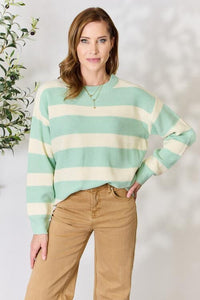 Sew In Love Full Size Contrast Striped Round Neck Sweater - Happily Ever Atchison Shop Co.