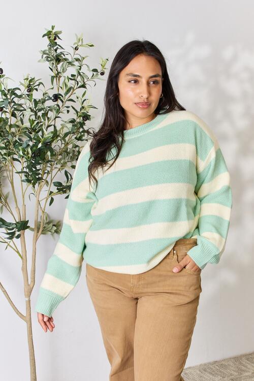 Sew In Love Full Size Contrast Striped Round Neck Sweater - Happily Ever Atchison Shop Co.