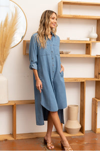 Sew In Love High - Low Button Up Roll - Tab Sleeve Denim Dress - Happily Ever Atchison Shop Co.