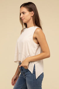 Shark Bite Side Slit Short Sleeveless Top - Happily Ever Atchison Shop Co.