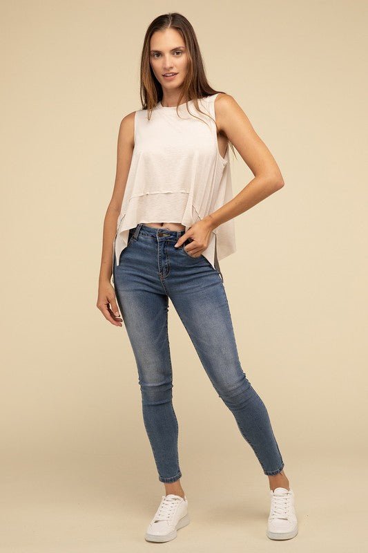 Shark Bite Side Slit Short Sleeveless Top - Happily Ever Atchison Shop Co.