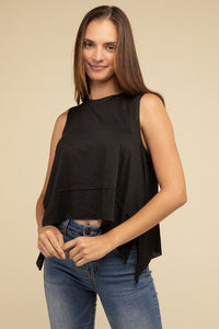 Shark Bite Side Slit Short Sleeveless Top - Happily Ever Atchison Shop Co.