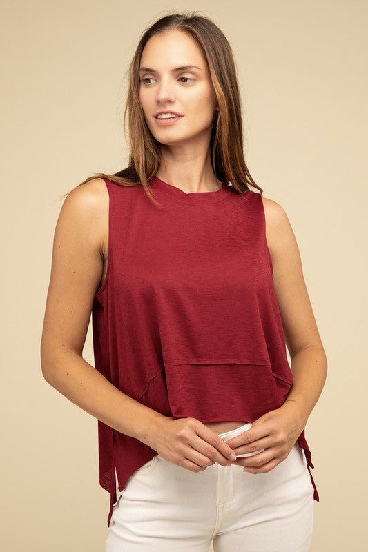 Shark Bite Side Slit Short Sleeveless Top - Happily Ever Atchison Shop Co.