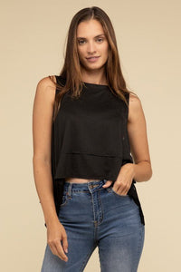 Shark Bite Side Slit Short Sleeveless Top - Happily Ever Atchison Shop Co.