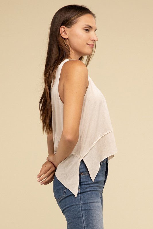 Shark Bite Side Slit Short Sleeveless Top - Happily Ever Atchison Shop Co.