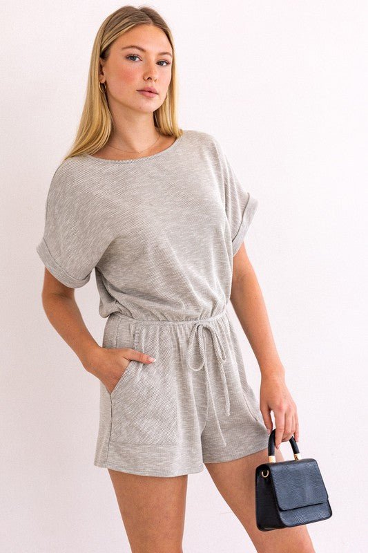 Short Roll - Up Sleeve Elastic Waist Romper - Happily Ever Atchison Shop Co.