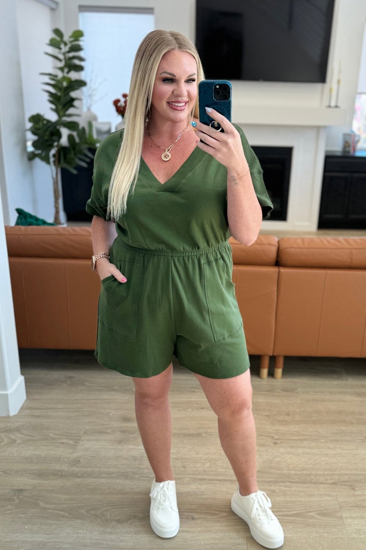 Short Sleeve V - Neck Romper in Army Green - Happily Ever Atchison Shop Co.