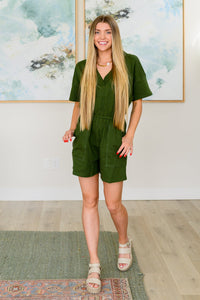 Short Sleeve V - Neck Romper in Army Green - Happily Ever Atchison Shop Co.