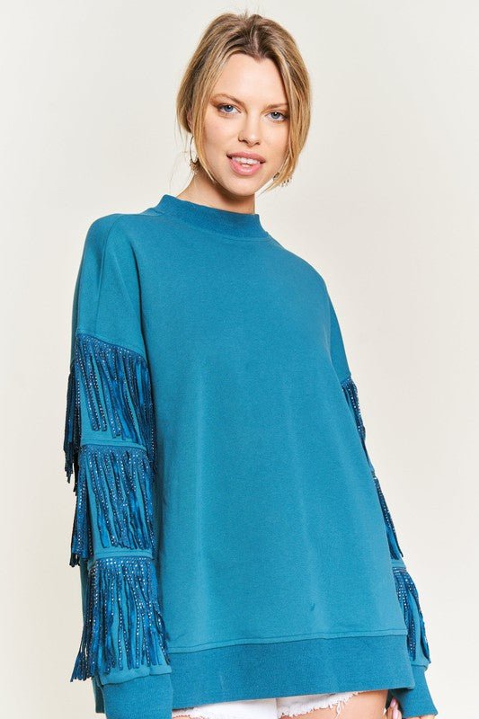 Silver Studded Fringe Sleeve Top - Happily Ever Atchison Shop Co.