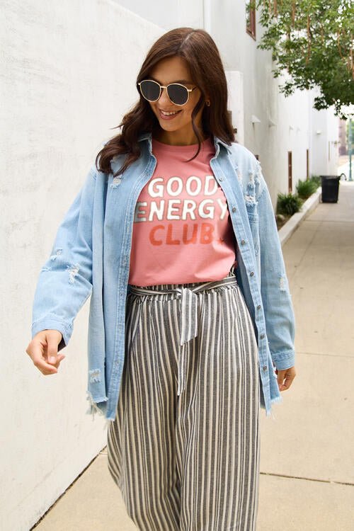 Simply Love Full Size GOOD ENERGY CLUB Short Sleeve T - Shirt - Happily Ever Atchison Shop Co.