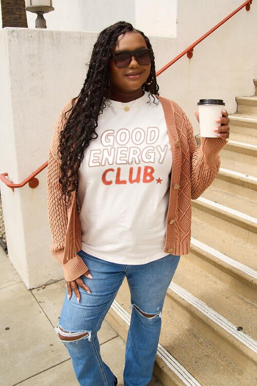 Simply Love Full Size GOOD ENERGY CLUB Short Sleeve T - Shirt - Happily Ever Atchison Shop Co.