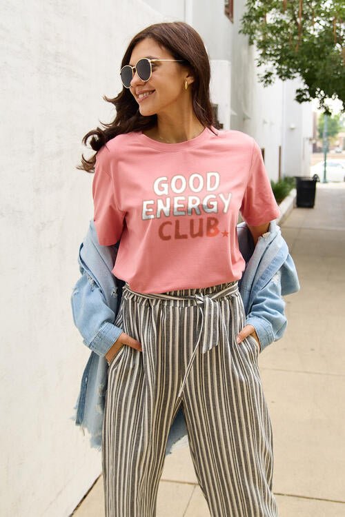 Simply Love Full Size GOOD ENERGY CLUB Short Sleeve T - Shirt - Happily Ever Atchison Shop Co.