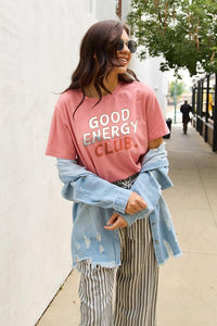 Simply Love Full Size GOOD ENERGY CLUB Short Sleeve T - Shirt - Happily Ever Atchison Shop Co.