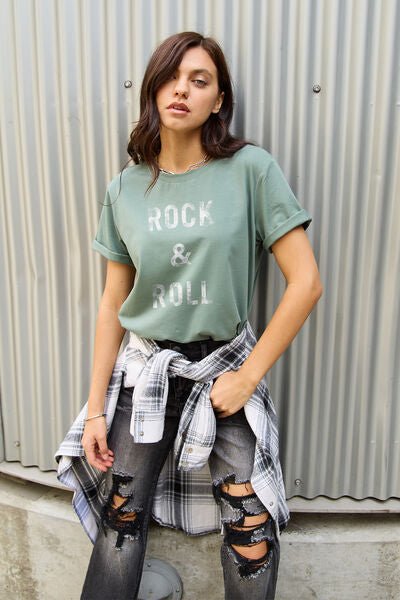 Simply Love Full Size ROCK & ROLL Short Sleeve T - Shirt - Happily Ever Atchison Shop Co.