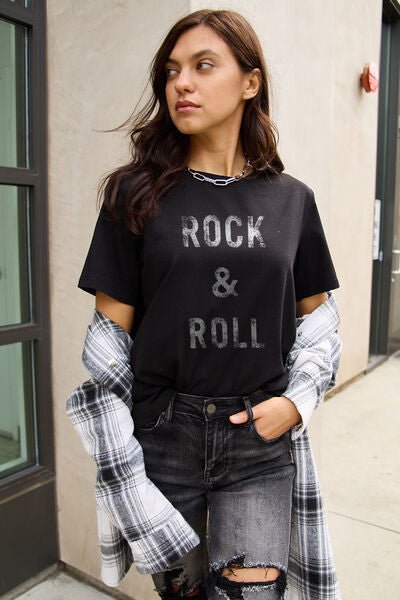 Simply Love Full Size ROCK & ROLL Short Sleeve T - Shirt - Happily Ever Atchison Shop Co.