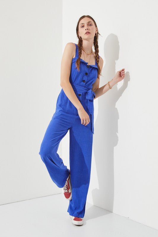 SLEEVELESS ADJUSTABLE STRAP BUTTON DOWN JUMPSUIT - Happily Ever Atchison Shop Co.