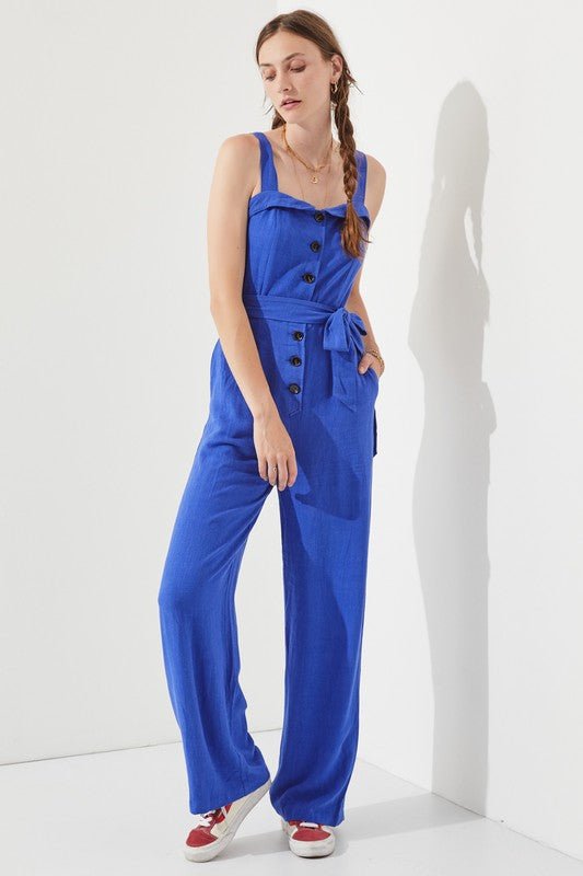 SLEEVELESS ADJUSTABLE STRAP BUTTON DOWN JUMPSUIT - Happily Ever Atchison Shop Co.