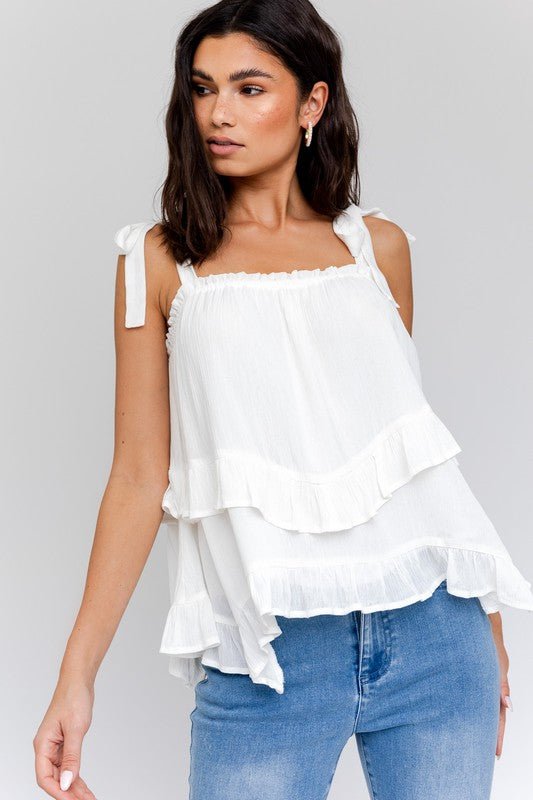 Sleeveless Asymmetrical Hem Line Tiered Top - Happily Ever Atchison Shop Co.