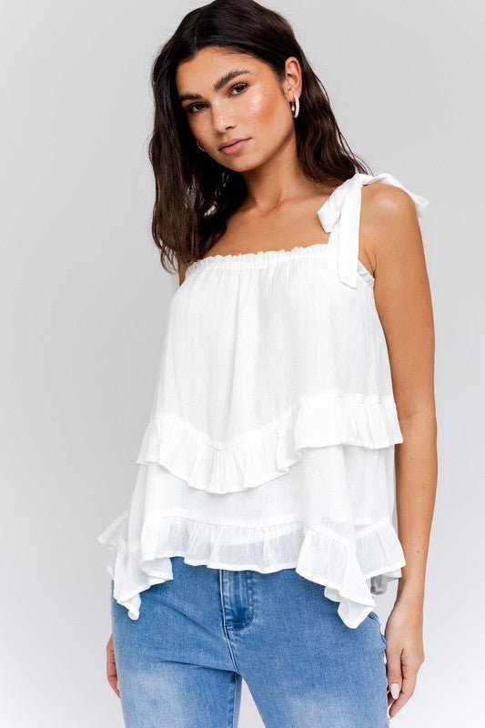 Sleeveless Asymmetrical Hem Line Tiered Top - Happily Ever Atchison Shop Co.