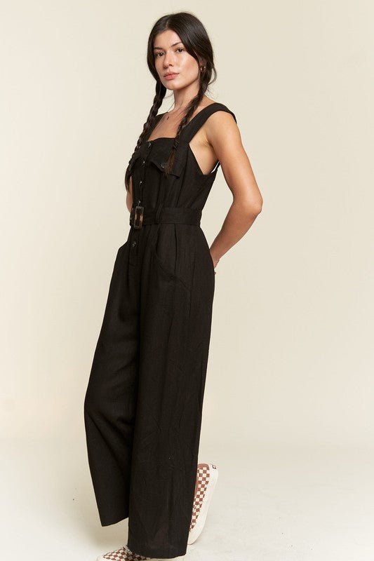 SLEEVELESS SQUARE NECK BUTTON DOWN ANKLE JUMPSUIT - Happily Ever Atchison Shop Co.
