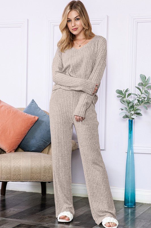 Slouchy Beige Ribbed Knit Loungewear Set - Happily Ever Atchison Shop Co.