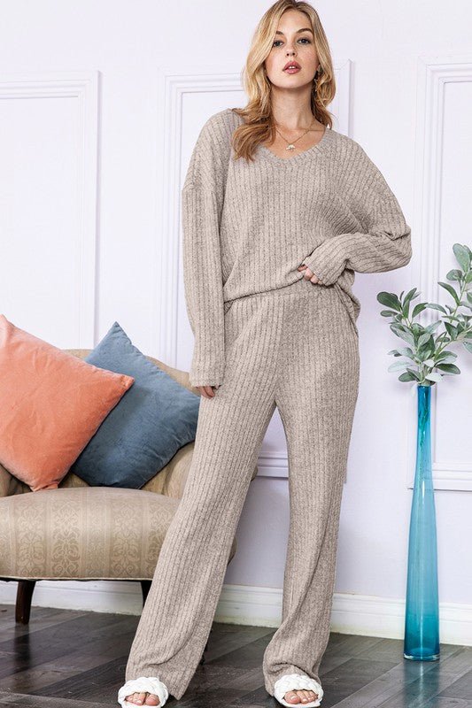 Slouchy Beige Ribbed Knit Loungewear Set - Happily Ever Atchison Shop Co.