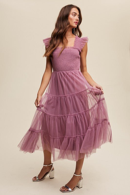 Smocked Ruffle Tiered Mesh Midi Maxi Dress - Happily Ever Atchison Shop Co.