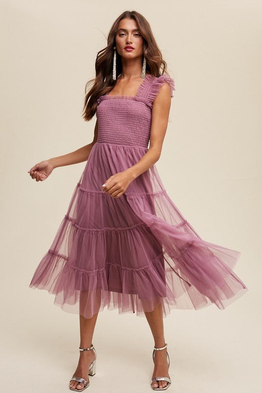 Smocked Ruffle Tiered Mesh Midi Maxi Dress - Happily Ever Atchison Shop Co.