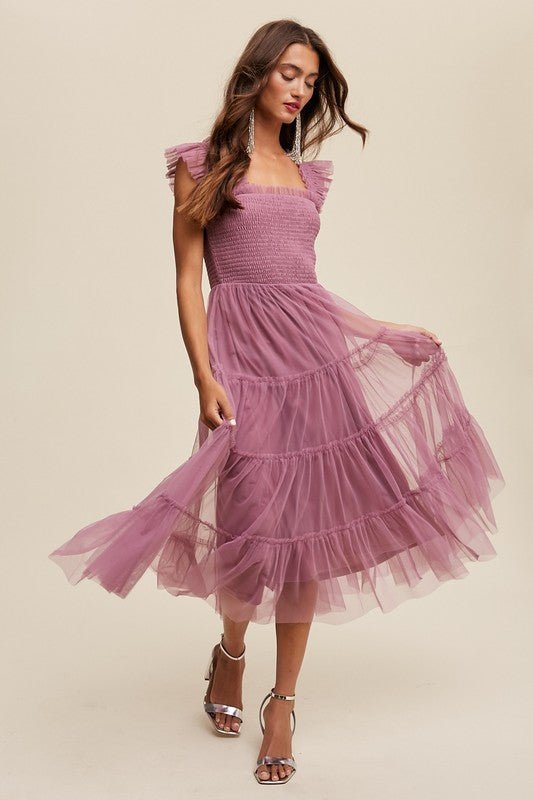 Smocked Ruffle Tiered Mesh Midi Maxi Dress - Happily Ever Atchison Shop Co.