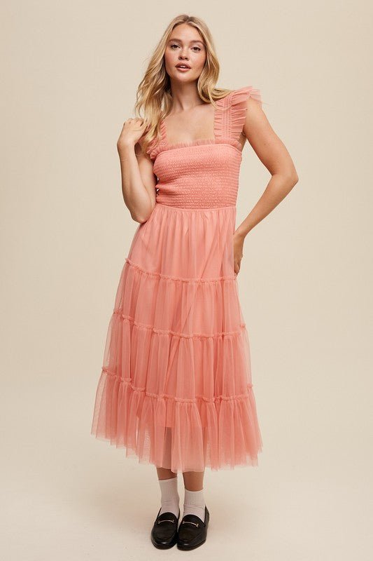 Smocked Ruffle Tiered Mesh Midi Maxi Dress - Happily Ever Atchison Shop Co.