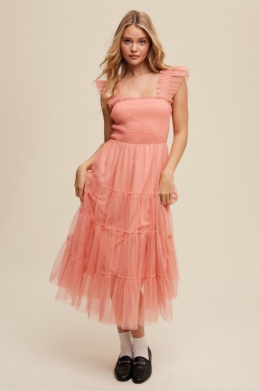 Smocked Ruffle Tiered Mesh Midi Maxi Dress - Happily Ever Atchison Shop Co.