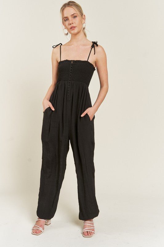 SMOCKED TIE STRAP JUMPSUIT - Happily Ever Atchison Shop Co.