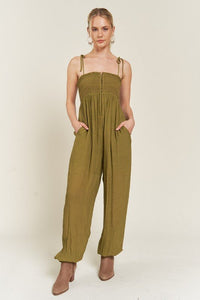 SMOCKED TIE STRAP JUMPSUIT - Happily Ever Atchison Shop Co.