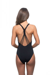 SOLID BRAIDED BACK PLUNGING ONE PIECE SWIMSUIT - Happily Ever Atchison Shop Co.