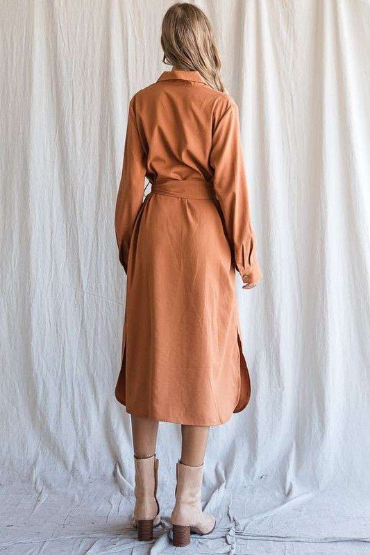 SOLID BUTTON DOWN BELTED LONG DRESS - Happily Ever Atchison Shop Co.