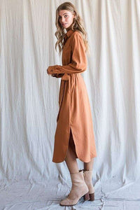 SOLID BUTTON DOWN BELTED LONG DRESS - Happily Ever Atchison Shop Co.