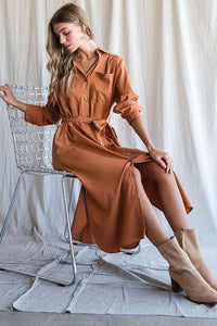 SOLID BUTTON DOWN BELTED LONG DRESS - Happily Ever Atchison Shop Co.