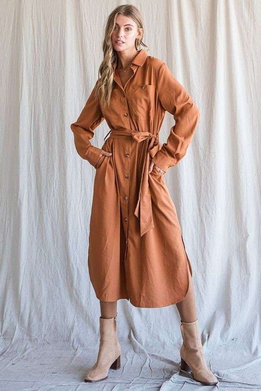 SOLID BUTTON DOWN BELTED LONG DRESS - Happily Ever Atchison Shop Co.