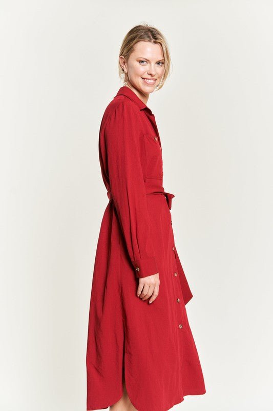 SOLID BUTTON DOWN BELTED LONG DRESS - Happily Ever Atchison Shop Co.