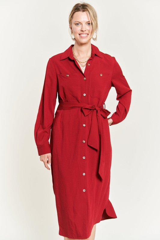 SOLID BUTTON DOWN BELTED LONG DRESS - Happily Ever Atchison Shop Co.