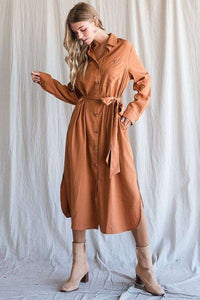 SOLID BUTTON DOWN BELTED LONG DRESS - Happily Ever Atchison Shop Co.